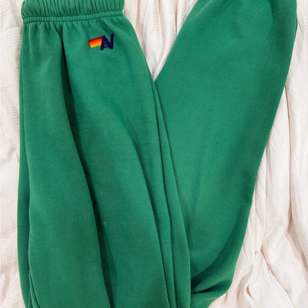 Aviator Nation Green Sweatpants with Red Heart and Yellow Lightning - Picture 2 of 3